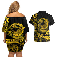 Polynesian Plumeria Couples Matching Off Shoulder Short Dress and Hawaiian Shirt Ride The Waves - Yellow LT7 - Wonder Print Shop