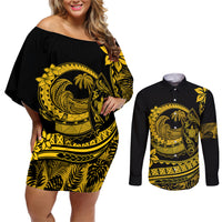 Polynesian Plumeria Couples Matching Off Shoulder Short Dress and Long Sleeve Button Shirts Ride The Waves - Yellow LT7 - Wonder Print Shop