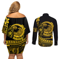 Polynesian Plumeria Couples Matching Off Shoulder Short Dress and Long Sleeve Button Shirts Ride The Waves - Yellow LT7 - Wonder Print Shop