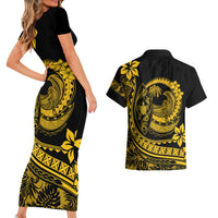 Polynesian Plumeria Couples Matching Short Sleeve Bodycon Dress and Hawaiian Shirt Ride The Waves - Yellow LT7 - Wonder Print Shop