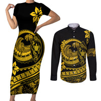 Polynesian Plumeria Couples Matching Short Sleeve Bodycon Dress and Long Sleeve Button Shirts Ride The Waves - Yellow LT7 - Wonder Print Shop