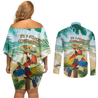 Aloha Hawaii It's 5 o'clock Somewhere Couples Matching Off Shoulder Short Dress and Long Sleeve Button Shirt - Wonder Print Shop
