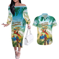 Aloha Hawaii It's 5 o'clock Somewhere Couples Matching Off The Shoulder Long Sleeve Dress and Hawaiian Shirt - Wonder Print Shop