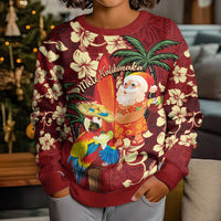 Crimson Red Tropical Christmas Hawaii Tapa Kid Ugly Christmas Sweater Aloha Santa Drink Party - Wonder Print Shop