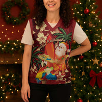 Crimson Red Tropical Christmas Hawaii Tapa Christmas Knitted V-Neck Vest Aloha Santa Drink Party - Wonder Print Shop