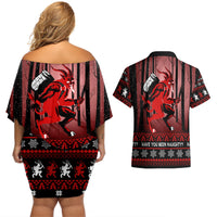 Wonder Print Christmas Couples Matching Off Shoulder Short Dress and Hawaiian Shirt Merry Krampus LT7 - Wonder Print Shop