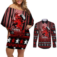 Wonder Print Christmas Couples Matching Off Shoulder Short Dress and Long Sleeve Button Shirt Merry Krampus LT7 - Wonder Print Shop