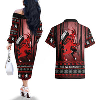 Wonder Print Christmas Couples Matching Off The Shoulder Long Sleeve Dress and Hawaiian Shirt Merry Krampus LT7 - Wonder Print Shop