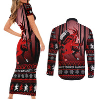 Wonder Print Christmas Couples Matching Short Sleeve Bodycon Dress and Long Sleeve Button Shirt Merry Krampus LT7 - Wonder Print Shop