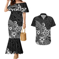 Polynesia Couples Matching Mermaid Dress And Hawaiian Shirt Plumeria Black Curves LT7 - Wonder Print Shop