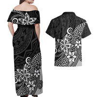 Polynesia Couples Matching Off Shoulder Maxi Dress and Hawaiian Shirt Plumeria Black Curves LT7 - Wonder Print Shop