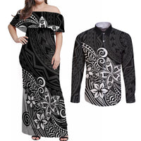 Polynesia Couples Matching Off Shoulder Maxi Dress and Long Sleeve Button Shirts Plumeria Black Curves LT7 - Wonder Print Shop
