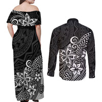 Polynesia Couples Matching Off Shoulder Maxi Dress and Long Sleeve Button Shirts Plumeria Black Curves LT7 - Wonder Print Shop