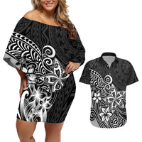 Polynesia Couples Matching Off Shoulder Short Dress and Hawaiian Shirt Plumeria Black Curves LT7 - Wonder Print Shop