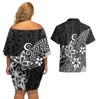 Polynesia Couples Matching Off Shoulder Short Dress and Hawaiian Shirt Plumeria Black Curves LT7 - Wonder Print Shop