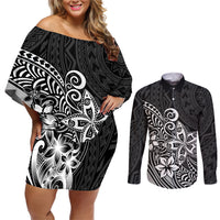 Polynesia Couples Matching Off Shoulder Short Dress and Long Sleeve Button Shirts Plumeria Black Curves LT7 - Wonder Print Shop