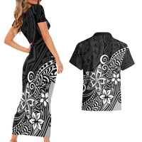 Polynesia Couples Matching Short Sleeve Bodycon Dress and Hawaiian Shirt Plumeria Black Curves LT7 - Wonder Print Shop