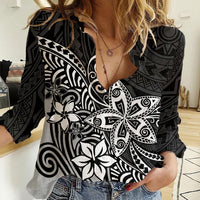 Polynesia Women Casual Shirt Plumeria Black Curves - Wonder Print Shop