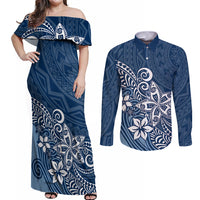 Polynesia Couples Matching Off Shoulder Maxi Dress and Long Sleeve Button Shirts Plumeria Blue Curves LT7 - Wonder Print Shop