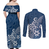 Polynesia Couples Matching Off Shoulder Maxi Dress and Long Sleeve Button Shirts Plumeria Blue Curves LT7 - Wonder Print Shop