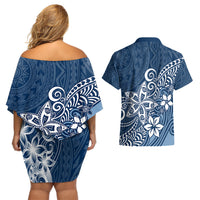 Polynesia Couples Matching Off Shoulder Short Dress and Hawaiian Shirt Plumeria Blue Curves LT7 - Wonder Print Shop