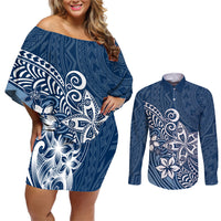 Polynesia Couples Matching Off Shoulder Short Dress and Long Sleeve Button Shirts Plumeria Blue Curves LT7 - Wonder Print Shop