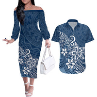 Polynesia Couples Matching Off The Shoulder Long Sleeve Dress and Hawaiian Shirt Plumeria Blue Curves LT7 - Wonder Print Shop
