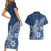 Polynesia Couples Matching Short Sleeve Bodycon Dress and Hawaiian Shirt Plumeria Blue Curves LT7 - Wonder Print Shop
