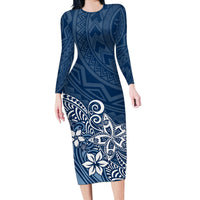 Polynesia Long Sleeve Bodycon Dress Plumeria Blue Curves - Wonder Print Shop