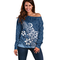 Polynesia Off Shoulder Sweater Plumeria Blue Curves - Wonder Print Shop