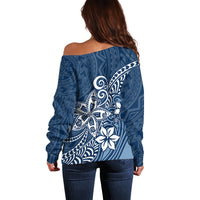 Polynesia Off Shoulder Sweater Plumeria Blue Curves - Wonder Print Shop