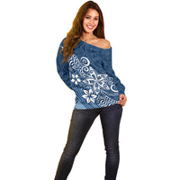 Polynesia Off Shoulder Sweater Plumeria Blue Curves - Wonder Print Shop