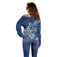 Polynesia Off Shoulder Sweater Plumeria Blue Curves - Wonder Print Shop