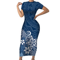 Polynesia Short Sleeve Bodycon Dress Plumeria Blue Curves - Wonder Print Shop