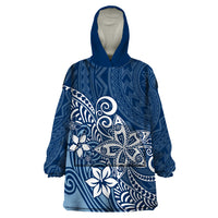 Polynesia Wearable Blanket Hoodie Plumeria Blue Curves - Wonder Print Shop