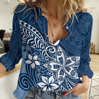 Polynesia Women Casual Shirt Plumeria Blue Curves - Wonder Print Shop