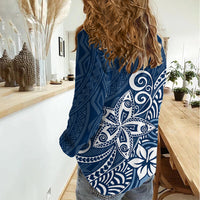 Polynesia Women Casual Shirt Plumeria Blue Curves - Wonder Print Shop