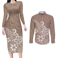 Polynesia Couples Matching Long Sleeve Bodycon Dress and Long Sleeve Button Shirts Plumeria Beige Curves LT7 - Wonder Print Shop