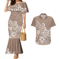 Polynesia Couples Matching Mermaid Dress And Hawaiian Shirt Plumeria Beige Curves LT7 - Wonder Print Shop