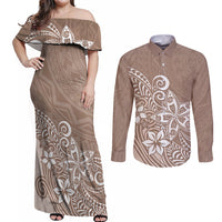 Polynesia Couples Matching Off Shoulder Maxi Dress and Long Sleeve Button Shirts Plumeria Beige Curves LT7 - Wonder Print Shop