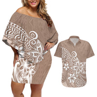 Polynesia Couples Matching Off Shoulder Short Dress and Hawaiian Shirt Plumeria Beige Curves LT7 - Wonder Print Shop