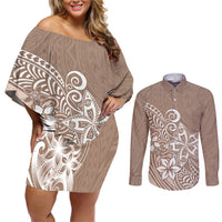 Polynesia Couples Matching Off Shoulder Short Dress and Long Sleeve Button Shirts Plumeria Beige Curves LT7 - Wonder Print Shop