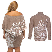 Polynesia Couples Matching Off Shoulder Short Dress and Long Sleeve Button Shirts Plumeria Beige Curves LT7 - Wonder Print Shop
