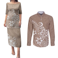 Polynesia Couples Matching Puletasi Dress and Long Sleeve Button Shirts Plumeria Beige Curves LT7 - Wonder Print Shop