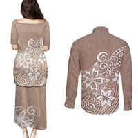 Polynesia Couples Matching Puletasi Dress and Long Sleeve Button Shirts Plumeria Beige Curves LT7 - Wonder Print Shop