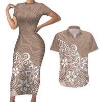 Polynesia Couples Matching Short Sleeve Bodycon Dress and Hawaiian Shirt Plumeria Beige Curves LT7 - Wonder Print Shop