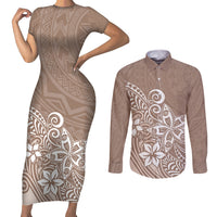 Polynesia Couples Matching Short Sleeve Bodycon Dress and Long Sleeve Button Shirts Plumeria Beige Curves LT7 - Wonder Print Shop