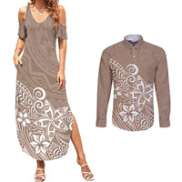 Polynesia Couples Matching Summer Maxi Dress and Long Sleeve Button Shirts Plumeria Beige Curves LT7 - Wonder Print Shop