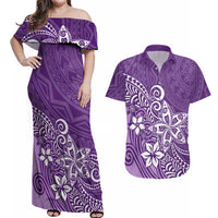 Polynesia Couples Matching Off Shoulder Maxi Dress and Hawaiian Shirt Plumeria Purple Curves LT7 - Wonder Print Shop