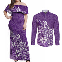 Polynesia Couples Matching Off Shoulder Maxi Dress and Long Sleeve Button Shirts Plumeria Purple Curves LT7 - Wonder Print Shop